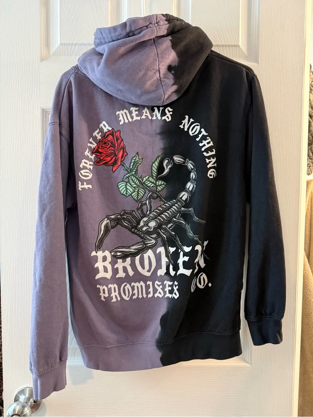 Broken Promises Two-Tone Black and Lavender Hoodie - Rose Graphic Size Small